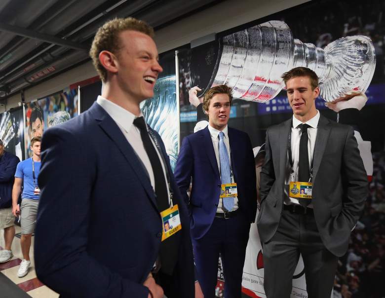 Top NHL Draft prospects Jack Eichel, Connor McBride and Noah Hanafin take a photo before Game 3 of the Stanley Cup Final at the United Center. Getty)