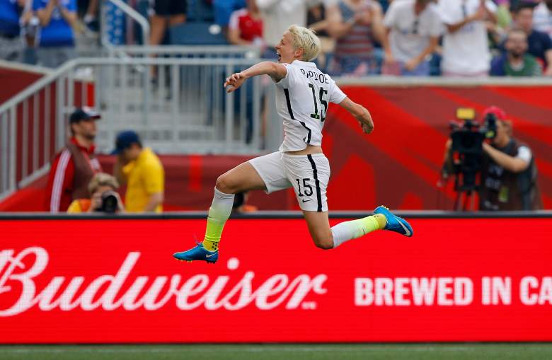 Team USA's Megan Rapinoe celebrates her first half goal vs. Australia on Monday. (Getty)