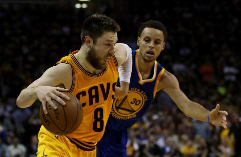 Matthew Dellavedova of the Cavaliers drives against the Warriors' Stephen Curry in Game 3 of the NBA Finals. (Getty)