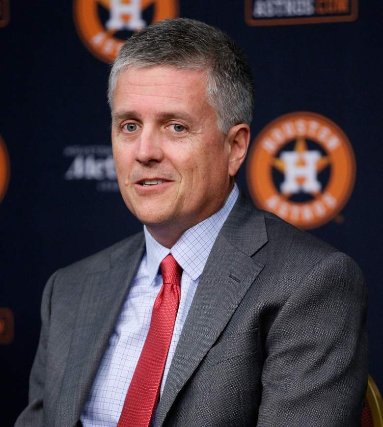 HOUSTON, TX - JUNE 12:  General Manager Jeff Luhnow of the Houston Astros speaks with the media during a press conference to introduce Carlos Correa #1 of the Houston Astros at Minute Maid Park on June 12, 2015 in Houston, Texas.  (Photo by Bob Levey/Getty Images)