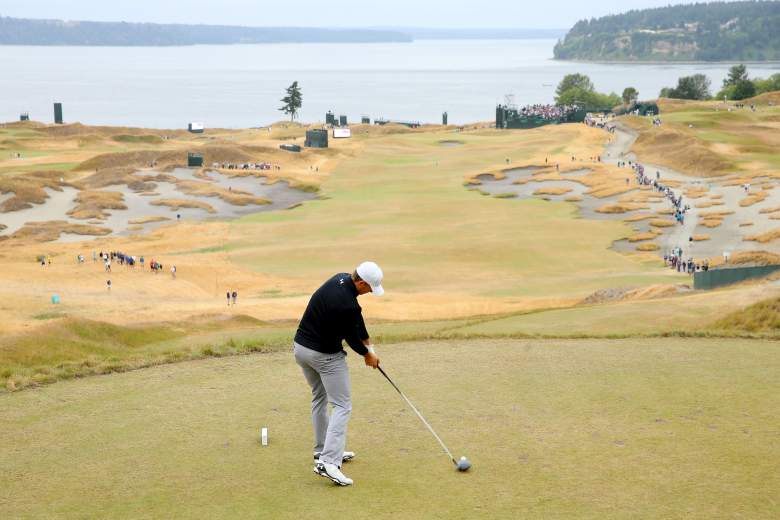 Jordan Spieth tees off during a practice round at Chambers Bay. (Getty)