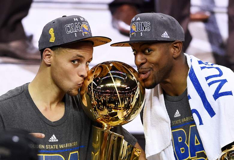 Steph Curry and Andre Iguodala celebrate winning the NBA Championship. (Getty)