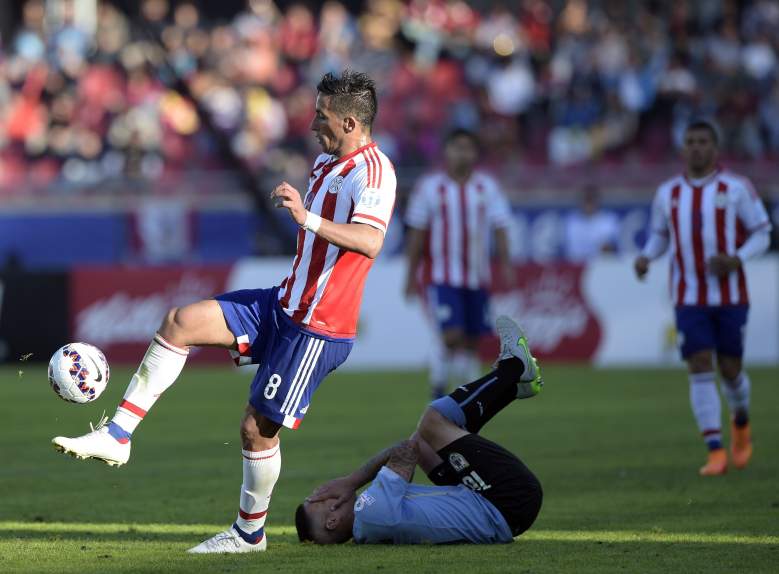 Paraguay's forward Lucas Barrios (L). (Getty)