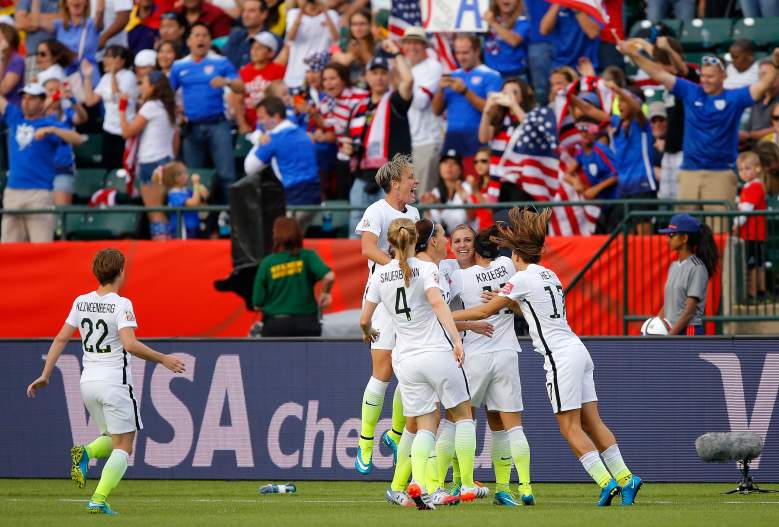 The USWNT celebrates a goal during their Round of 16 win. (Getty)