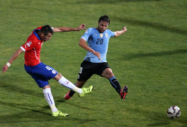 Mauricio Isla (L) scored the goal for Chile in a 1-0 win over Uruguay in the quarterfinals. (Getty)