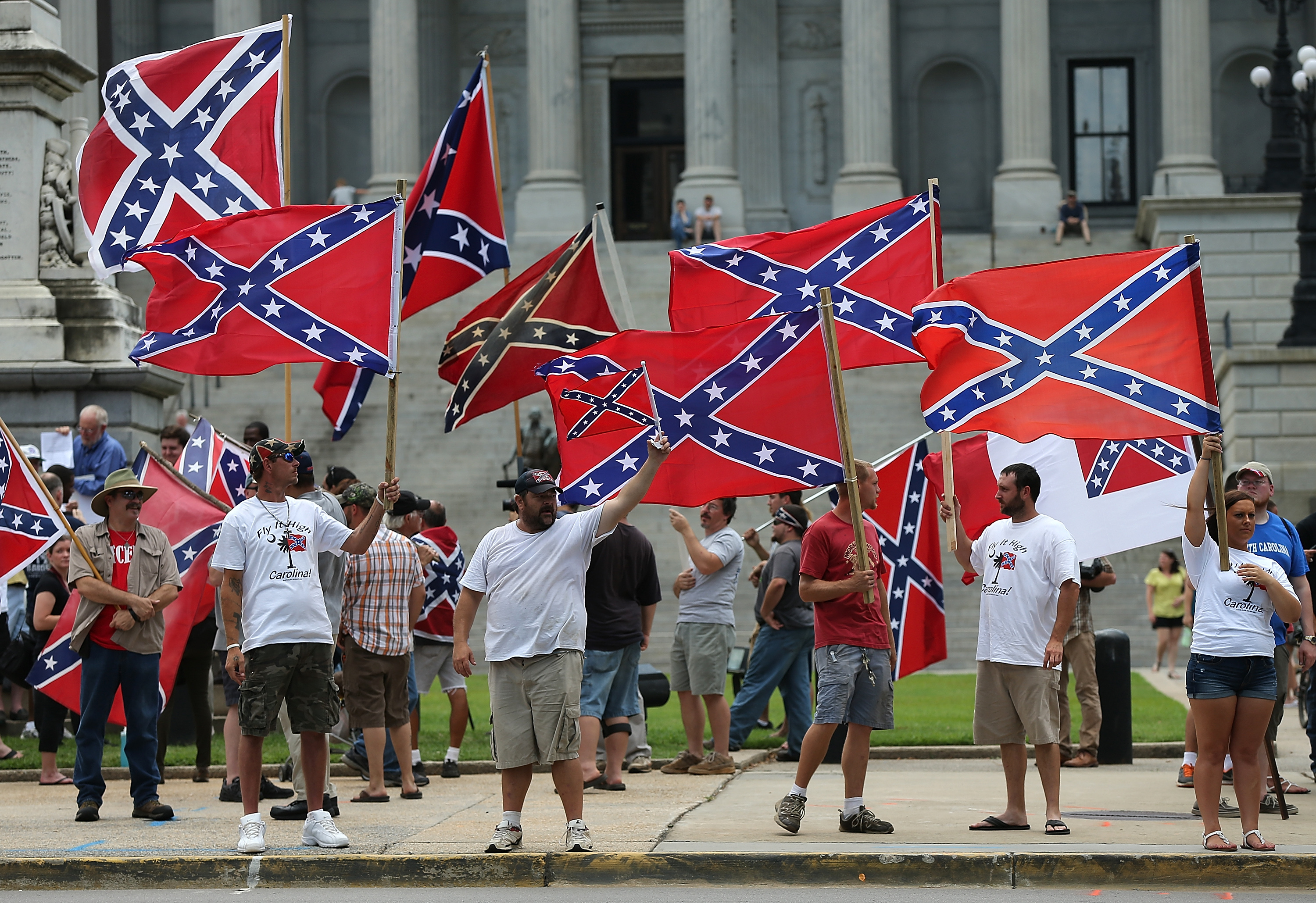 Demonstrators protest at the South Carolina State House calling for the Confederate flag to remain on the State House grounds. (Getty)