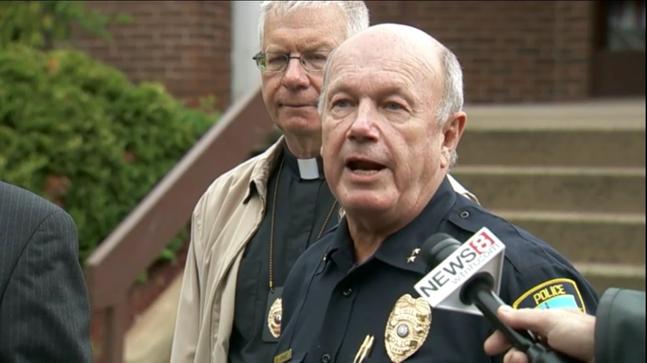 East Haven Police Chief Brent Larrabee speaks to reporters at a press conference. (WTNH TV/Screenshot)