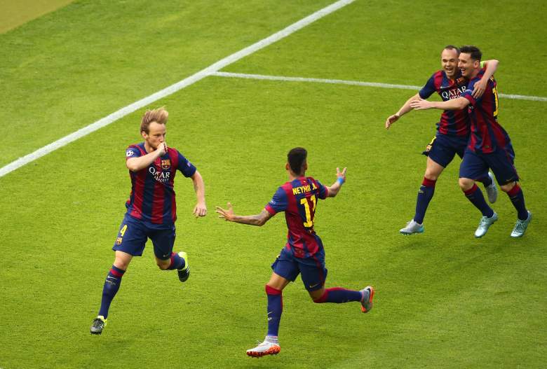 Ivan Rakitic has opened the scoring in the Champions League final off of a pass from Andres Iniesta. (Getty)