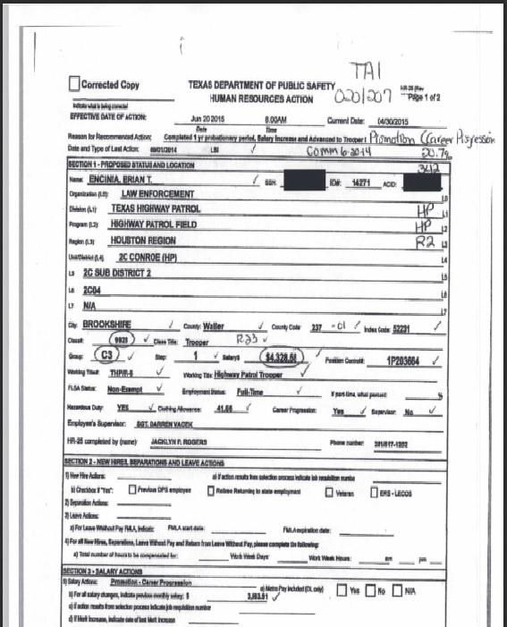 Front page of the Texas Department of Public Safety's personnel record for Trooper Brian Encinia. This document was obtained by ABC7 Chicago via a Freedom of Information Act request.