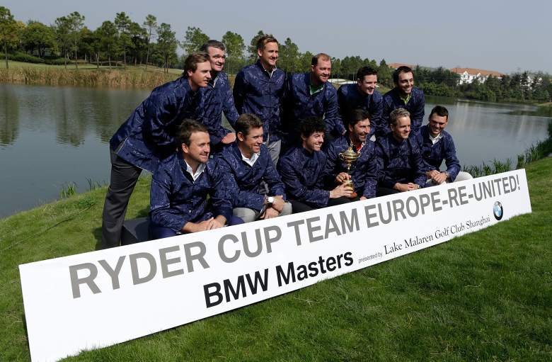 SHANGHAI, CHINA - OCTOBER 23:  2012 Europe Ryder Cup members (back row) Nicolas Colsaerts of Belgium, Paul Lawrie of Scotland, Ian Poulter, Peter Hanson of Sweden; Justin Rose of England, Francesco Molinari of Italy- (front row) Graeme McDowell of Northern Ireland, Lee Westwood of England, Rory McIlroy of Northern Ireland, Jose Maria Olazabal of Spain, Luke Donald of England and Martin Kaymer of Germany pose with the Ryder Cup during the photocall and press conference prior to the start of the BMW Masters at the Lake Malaren Golf Club on October 23, 2012 in Shanghai, China.  (Photo by Scott Halleran/Getty Images)