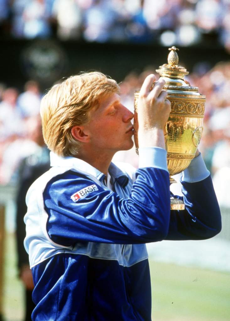 Jul 1985:  Boris Becker of Germany celebrates winning the 1985 Wimbledon Championships held at Wimbledon, London. Mandatory Credit: Allsport UK/ALLSPORT