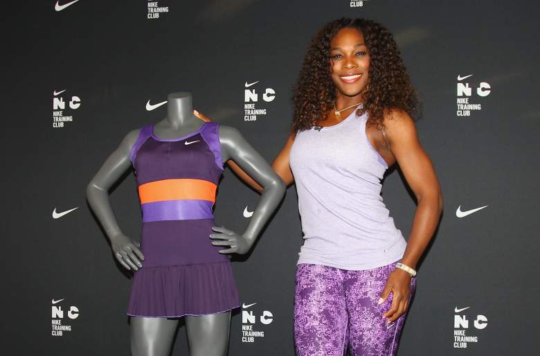 MELBOURNE, AUSTRALIA - JANUARY 08:  Serena Williams of the USA poses with her purple and orange Nike Pleated Knit Dress which she will debut at the 2013 Australian Open tournament on January 8, 2013 in Melbourne, Australia.  (Photo by Scott Barbour/Getty Images)