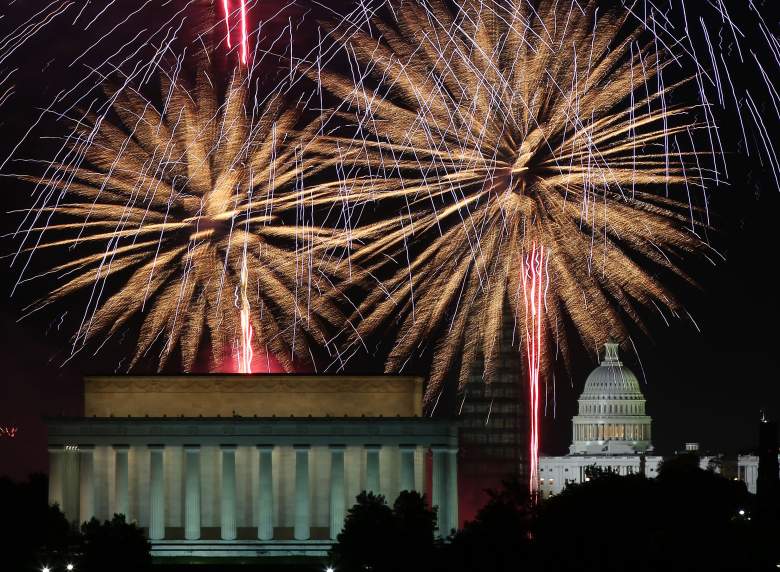 Fireworks light up the sky over the Lincoln Memorial, Washington Monument, and the U.S. Capitol. (Getty)