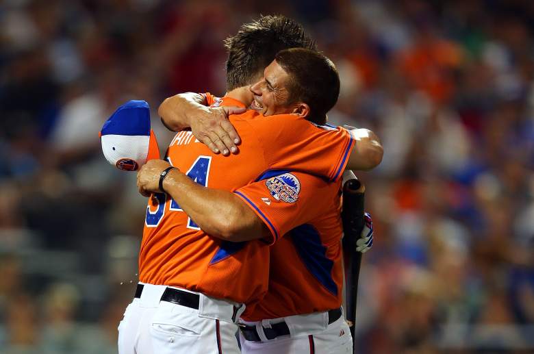 NEW YORK, NY - JULY 15:  Bryce Harper of the Washington Nationals gets a hug from his father Ron Haper during the Chevrolet Home Run Derby on July 15, 2013 at Citi Field in the Flushing neighborhood of the Queens borough of New York City.  (Photo by Mike Ehrmann/Getty Images)