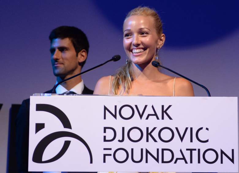 NEW YORK, NY - SEPTEMBER 10: Founding Chairman Novak Djokovic and Executive Director of the Foundation Jelena Ristic speak on stage at the Novak Djokovic Foundation New York dinner at Capitale on September 10, 2013 in New York City. (Photo by Dimitrios Kambouris/Getty Images for Novak Djokovic Foundation)