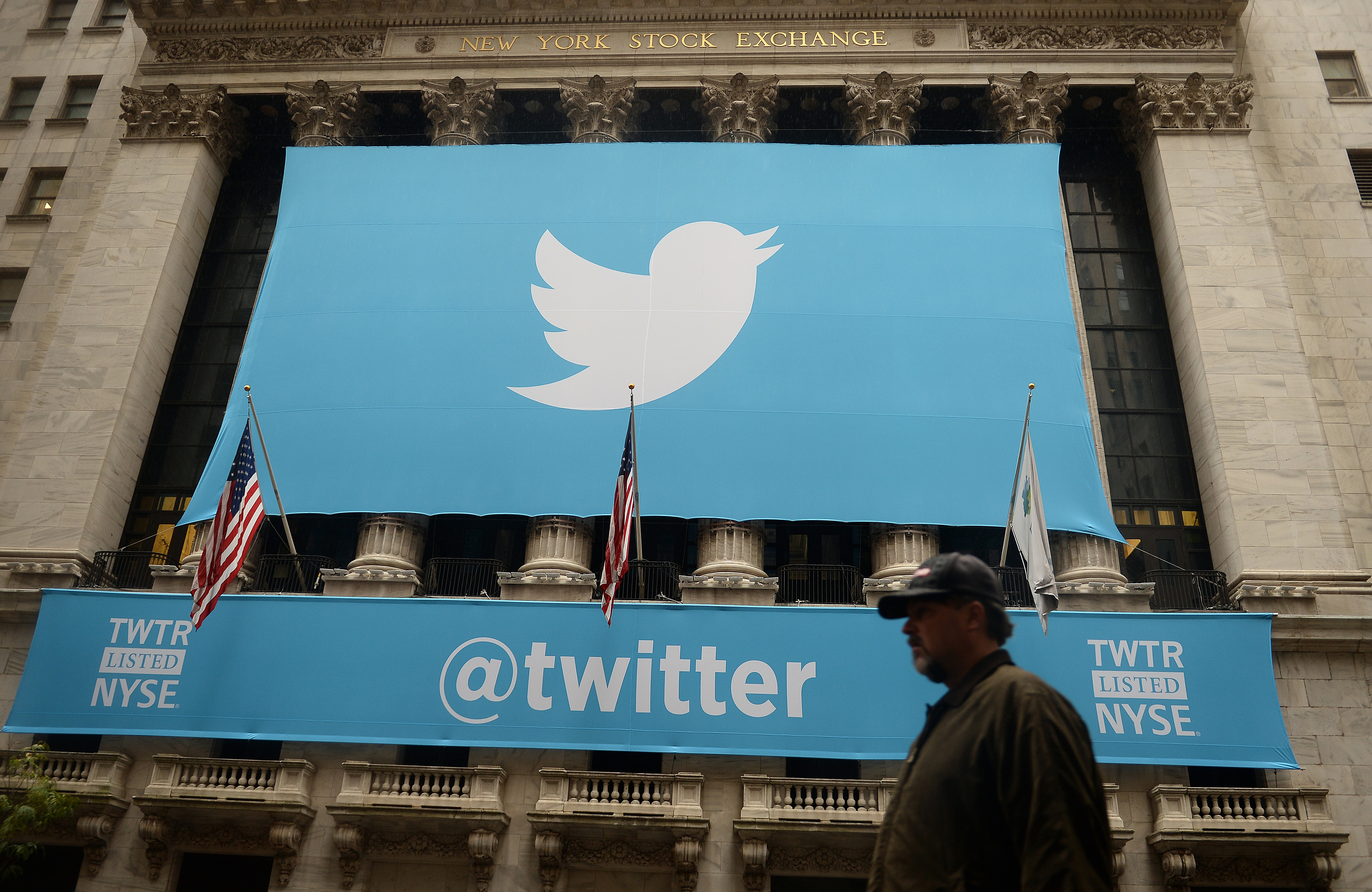 A banner with the logo of Twitter is set on the front of the New York Stock Exchange (NYSE) on November 7, 2013 in New York. (Getty)