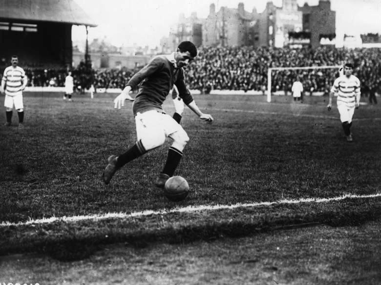 Billy Meredith of Manchester United in action during the first ever FA Charity Shield match against Queens Park Rangers. (Getty)