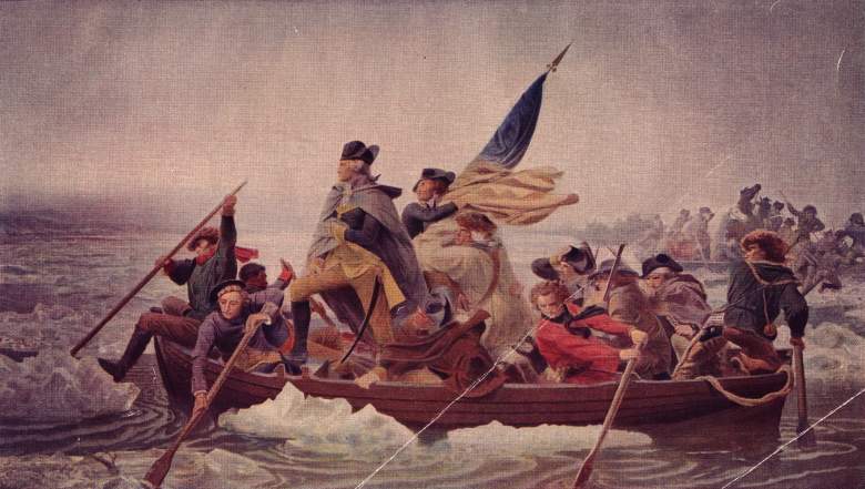 General George Washington stands in the boat crossing the Delaware to seek safety. (Getty)