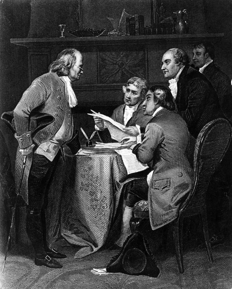 Benjamin Franklin drafting the Declaration of Independence  with Thomas Jefferson, John Adams, Roger Sherman and Robert R Livingstone.  (Getty)