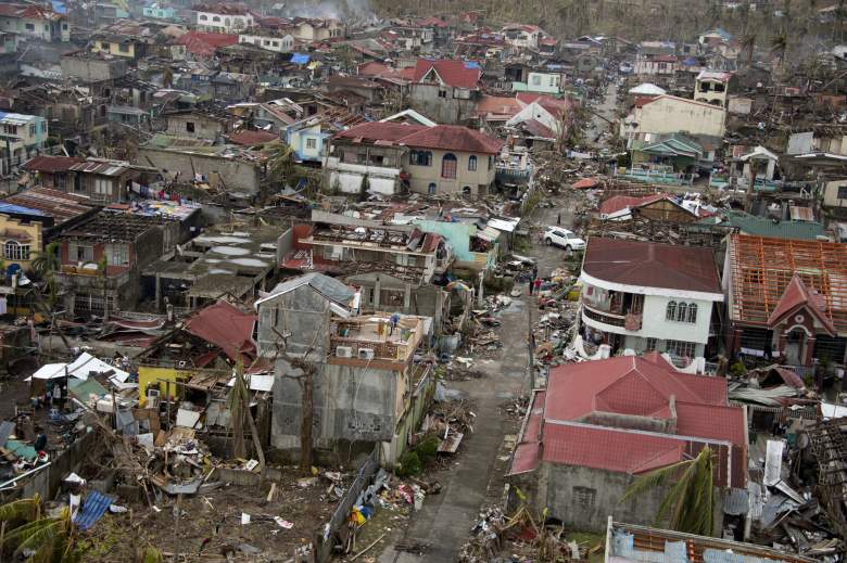 An aerial view shows damage to a neighborhood by Super Typhoon Haiyan in November 2013. (Getty)