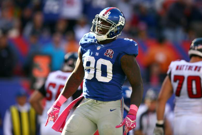 EAST RUTHERFORD, NJ - OCTOBER 05: Defensive end Jason Pierre-Paul #90 of the New York Giants reacts after a play in the fourth quarter against the Atlanta Falcons during their game at MetLife Stadium on October 5, 2014 in East Rutherford, New Jersey. (Photo by Elsa/Getty Images)