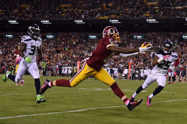 LANDOVER, MD - OCTOBER 06: Wide receiver DeSean Jackson #11 of the Washington Redskins makes a second quarter touchdown catch against the Seattle Seahawks at FedExField on October 6, 2014 in Landover, Maryland.  (Photo by Patrick Smith/Getty Images)