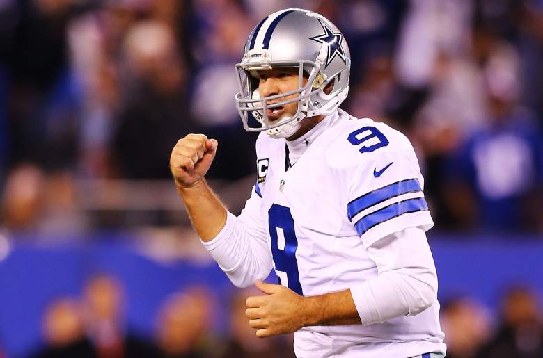 EAST RUTHERFORD, NJ - NOVEMBER 23:  Tony Romo #9 of the Dallas Cowboys celebrates throwing the game winning touchdown pass in the fourth quarter against the New York Giants at MetLife Stadium on November 23, 2014 in East Rutherford, New Jersey. The Cowboys defeated the Giants 31 to 28.  (Photo by Elsa/Getty Images)