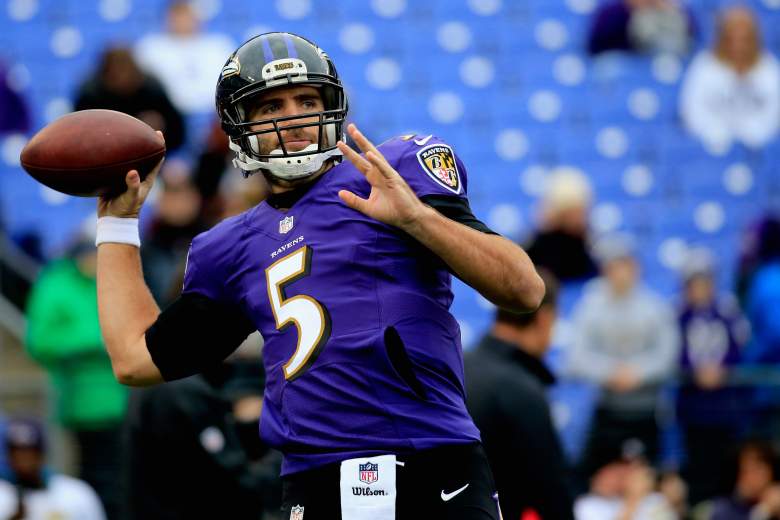 BALTIMORE, MD - DECEMBER 14: Quarterback Joe Flacco #5 of the Baltimore Ravens throws the ball during warm ups before a game against the Jacksonville Jaguars at M&T Bank Stadium on December 14, 2014 in Baltimore, Maryland.  (Photo by Rob Carr/Getty Images)