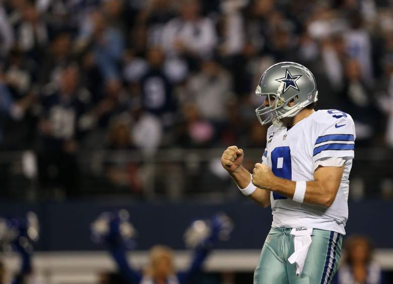 ARLINGTON, TX - JANUARY 04:  Tony Romo #9 of the Dallas Cowboys celebrates during a NFC Wild Card Playoff game against the Detroit Lions at AT&T Stadium on January 4, 2015 in Arlington, Texas.  (Photo by Sarah Glenn/Getty Images)