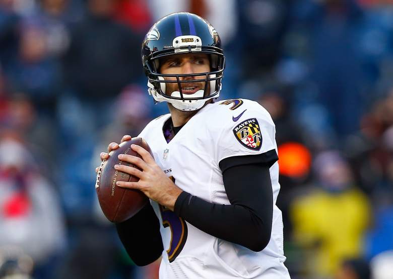 FOXBORO, MA - JANUARY 10:  Joe Flacco #5 of the Baltimore Ravens warms up before the 2014 AFC Divisional Playoffs game against the New England Patriots at Gillette Stadium on January 10, 2015 in Foxboro, Massachusetts.  (Photo by Jared Wickerham/Getty Images)