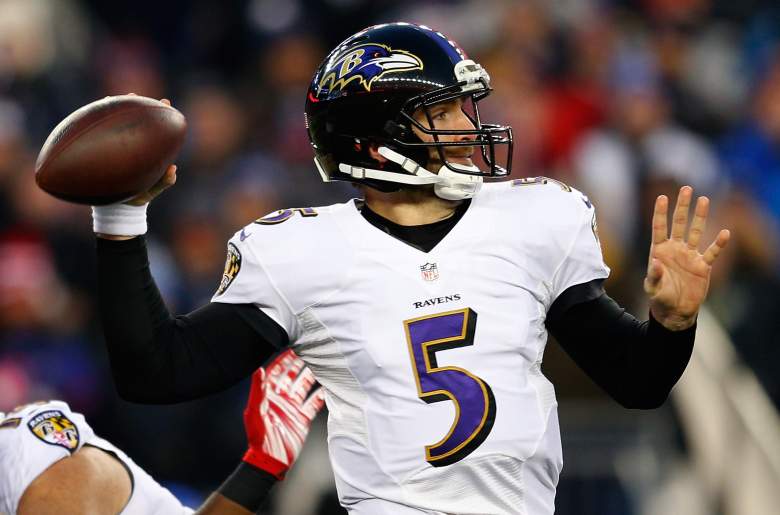 FOXBORO, MA - JANUARY 10: Joe Flacco #5 of the Baltimore Ravens looks to pass in the first quarter against the New England Patriots during the 2014 AFC Divisional Playoffs game at Gillette Stadium on January 10, 2015 in Foxboro, Massachusetts. (Photo by Jim Rogash/Getty Images)