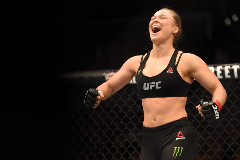 LOS ANGELES, CA - FEBRUARY 28:  Ronda Rousey celebrates her victory over Cat Zingano in their UFC women's bantamweight championship bout during the UFC 184 event at Staples Center on February 28, 2015 in Los Angeles, California.  (Photo by Harry How/Getty Images)