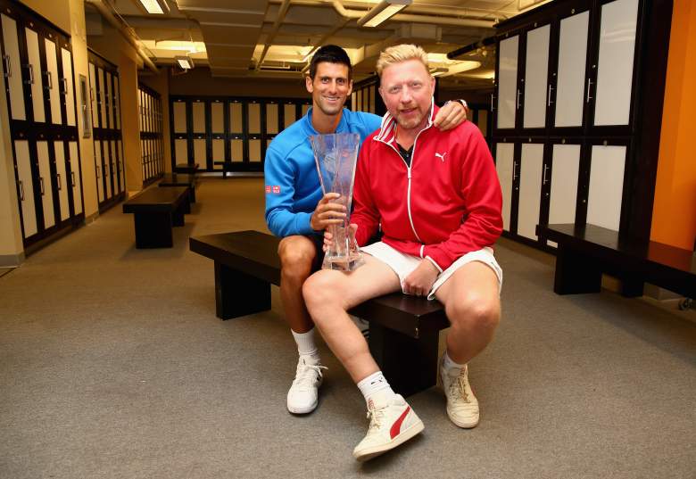 KEY BISCAYNE, FL - APRIL 05:  Novak Djokovic of Serbia poses for a locker room photograph with his coach Boris Becker and the Butch Bucholz trophy after his three set victory against Andy Murray of Great Britain in the mens final during the Miami Open Presented by Itau at Crandon Park Tennis Center on April 5, 2015 in Key Biscayne, Florida.  (Photo by Clive Brunskill/Getty Images)