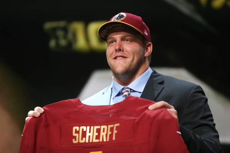 CHICAGO, IL - APRIL 30:  Brandon Scherff of the Iowa Hawkeyes holds up a jersey after being chosen #5 overall by the Washington Redskins during the first round of the 2015 NFL Draft at the Auditorium Theatre of Roosevelt University on April 30, 2015 in Chicago, Illinois.  (Photo by Jonathan Daniel/Getty Images)