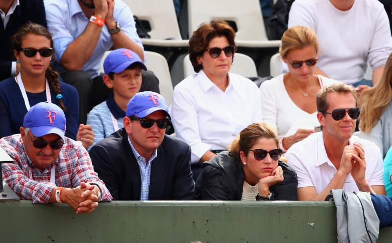 PARIS, FRANCE - JUNE 02: (L-R) Father Robert Federer, Agent Tony Godsick, wife Mirka Federer and coach Stefan Edberg watch Roger Federer of Switzerland during his Men's quarter final match against Stanislas Wawrinka of Switzerland on day of the 2015 French Open at Roland Garros on June 2, 2015 in Paris, France. (Photo by Clive Brunskill/Getty Images)