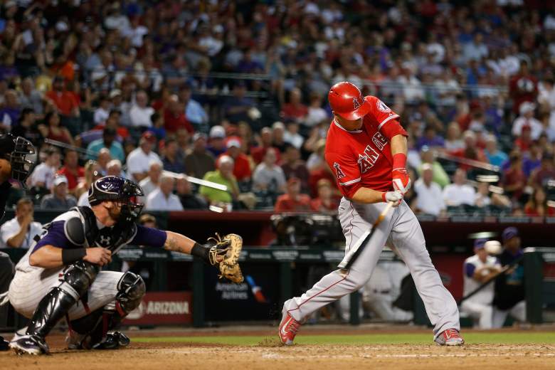 PHOENIX, AZ - JUNE 18:  Mike Trout #27 of the Los Angeles Angels hits a triple against the Arizona Diamondbacks during the sixth inning of the MLB game at Chase Field on June 18, 2015 in Phoenix, Arizona.  (Photo by Christian Petersen/Getty Images)