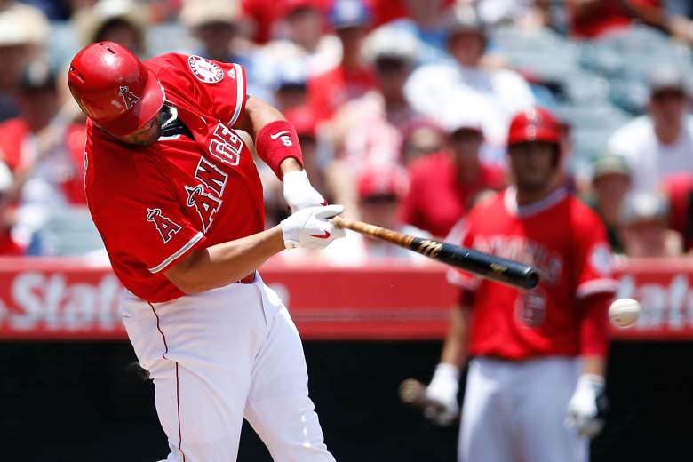ANAHEIM, CA - JUNE 28:  Albert Pujols #5 of the Los Angeles Angels hits a ground ball to second base in the second inning against the Seattle Mariners at Angel Stadium of Anaheim on June 28, 2015 in Anaheim, California.  (Photo by Joe Scarnici/Getty Images)