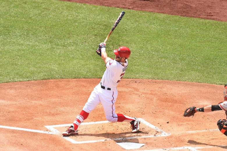 WASHINGTON, DC - JULY 04:  Bryce Harper #34 of the Washington Nationals hits a two run in the first inning during a baseball game against the San Francisco Giants at Nationals Park on July 4, 2015 in Washington, DC.  (Photo by Mitchell Layton/Getty Images)