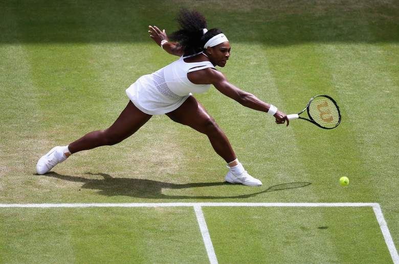 LONDON, ENGLAND - JULY 06:  Serena Williams of the United States plays a backhand in her Ladies' Singles Fourth Round match against Venus Williams of the United States during day seven of the Wimbledon Lawn Tennis Championships at the All England Lawn Tennis and Croquet Club on July 6, 2015 in London, England.  (Photo by Carl Court/Getty Images)