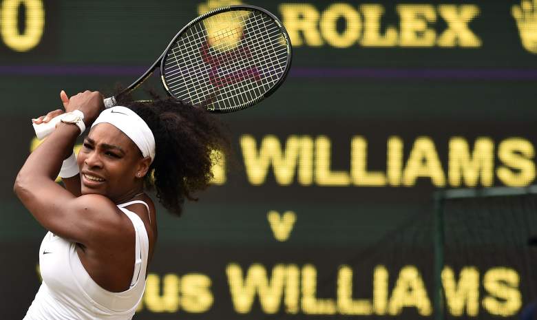 US player Serena Williams returns to US player Venus Williams during their women's singles fourth round match on day seven of the 2015 Wimbledon Championships at The All England Tennis Club in Wimbledon, southwest London, on July 6, 2015.  Serena Williams won the match 6-4, 6-3.  RESTRICTED TO EDITORIAL USE  -- AFP PHOTO / LEON NEAL        (Photo credit should read LEON NEAL/AFP/Getty Images)