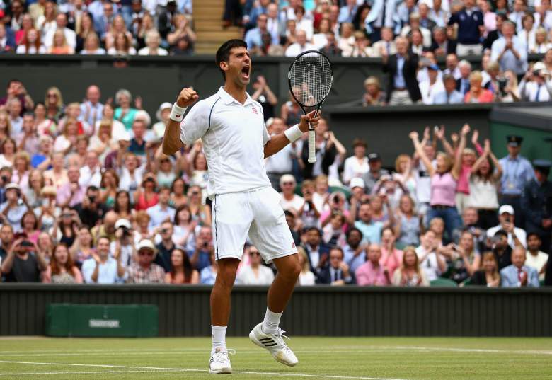 LONDON, ENGLAND - JULY 12:  Novak Djokovic of Serbia celebrates after winning the Final Of The Gentlemen's Singles against Roger Federer of Switzerland on day thirteen of the Wimbledon Lawn Tennis Championships at the All England Lawn Tennis and Croquet Club on July 12, 2015 in London, England.  (Photo by Clive Brunskill/Getty Images)