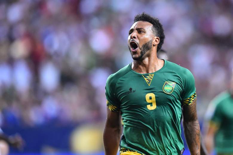 Jamaica's Giles Barnes celebrates scoring against the US during a CONCACAF Gold Cup semifinal football match in Atlanta on July 22, 2015.    AFP PHOTO/NICHOLAS KAMM        (Photo credit should read NICHOLAS KAMM/AFP/Getty Images)