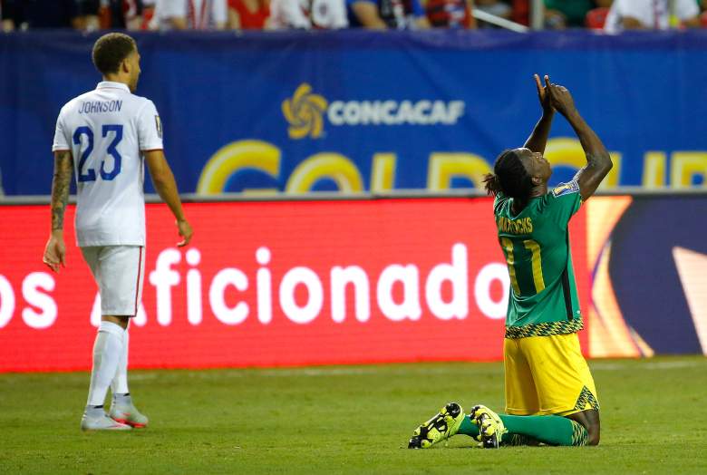 ATLANTA, GA - JULY 22:  Darren Mattocks #11 of Jamaica celebrates scoring the opening goal against the United States of America during the 2015 CONCACAF Golf Cup Semifinal match between Jamaica and the United States at Georgia Dome on July 22, 2015 in Atlanta, Georgia.  (Photo by Kevin C. Cox/Getty Images)