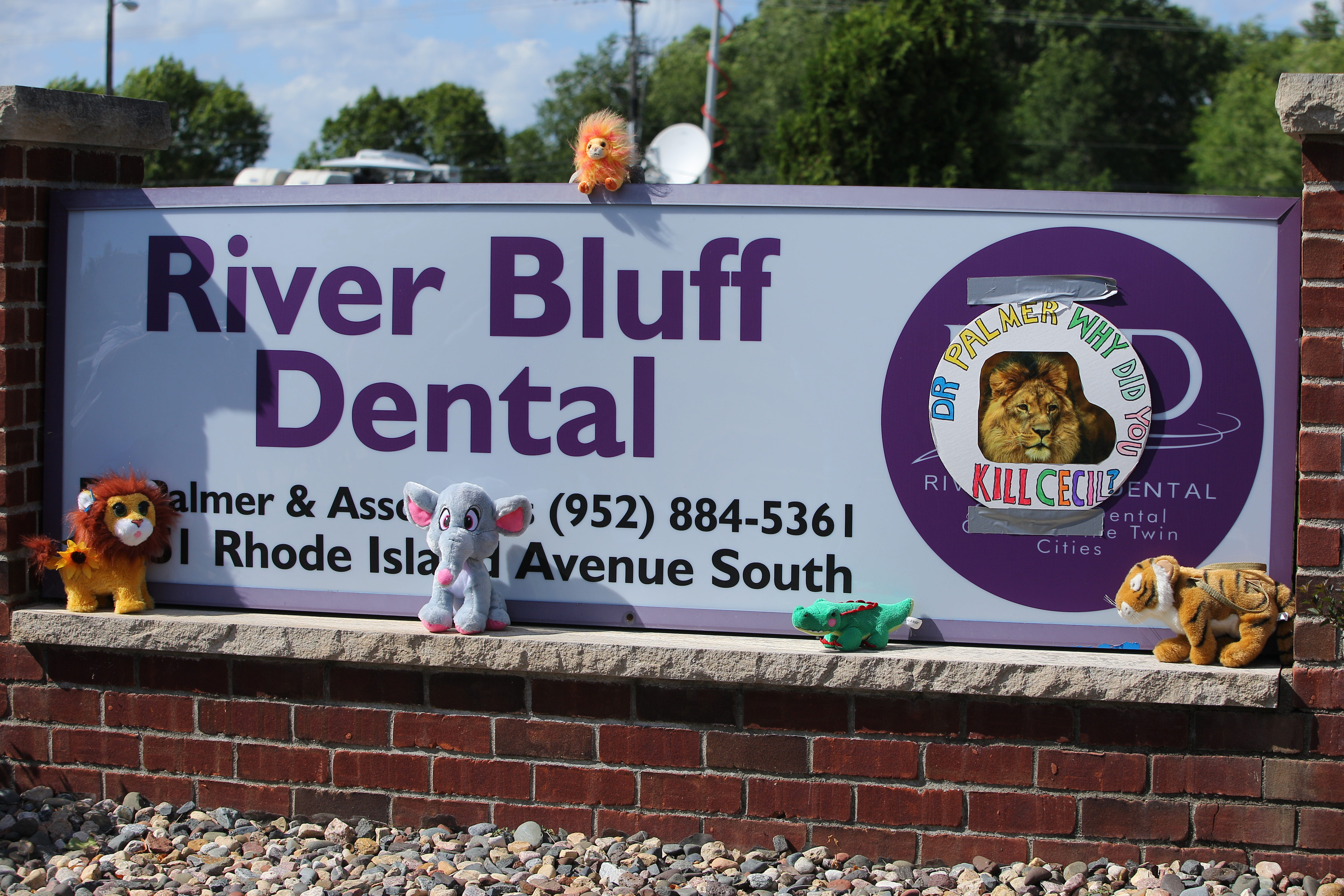 Protesters place stuffed animals on the sign of  Dr. Walter Palmer's River Bluff Dental Clinic to call attention to the alleged poaching of Cecil the lion on July 29, 2015 in Bloomington, Minnesota. According to reports, the 13-year-old lion was lured out of a national park in Zimbabwe and killed by Dr. Palmer, who had paid at least $50,000 for the hunt. (Photo by Adam Bettcher/Getty Images)