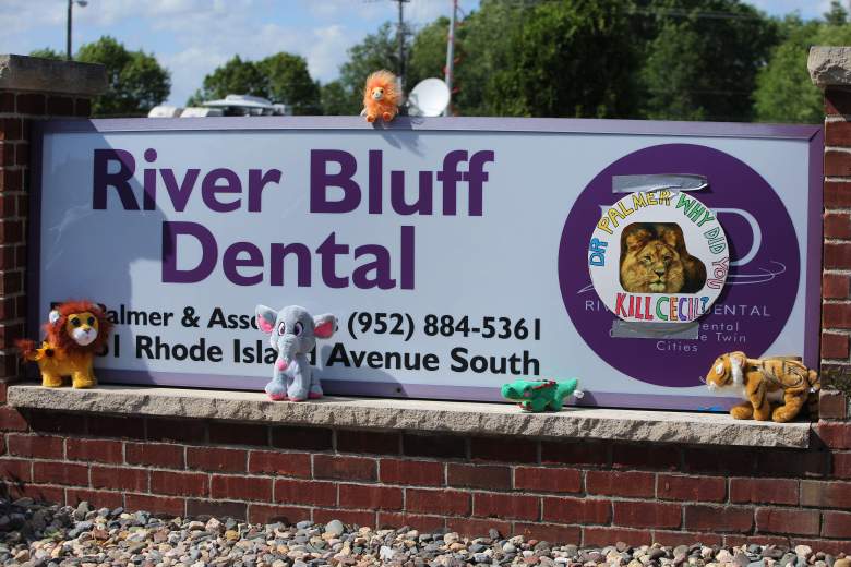 BLOOMINGTON, MN - JULY 29:  Protesters place stuffed animals on the sign of  Dr. Walter Palmer's River Bluff Dental Clinic to call attention to the alleged poaching of Cecil the lion on July 29, 2015 in Bloomington, Minnesota. According to reports, the 13-year-old lion was lured out of a national park in Zimbabwe and killed by Dr. Palmer, who had paid at least $50,000 for the hunt. (Photo by Adam Bettcher/Getty Images)