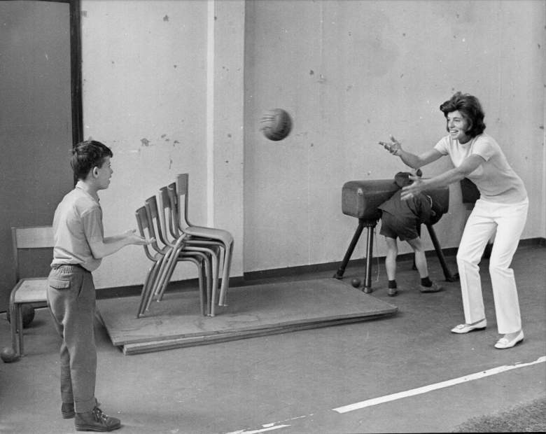 380959 02: FILE PHOTO: Eunice Shriver seen playing ball with a mentally handicapped child in Paris 1969. Shriver, founder of the Special Olympics was on a trip to Europe preparing children for the 1970 Special Olympics. (Photo by Liaison)