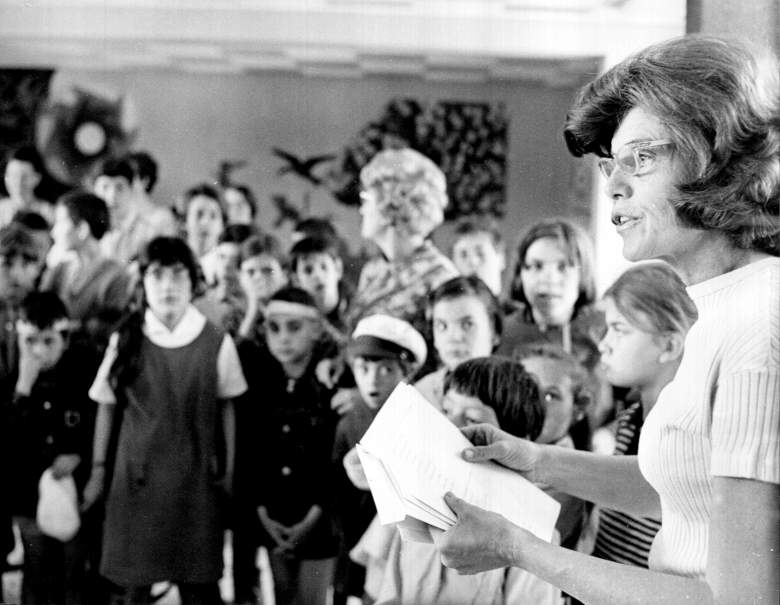380959 04: FILE PHOTO: Eunice Shriver seen with mentally handicapped children in Paris 1969. Shriver, founder of the Special Olympics was on a trip to Europe preparing children for the 1970 Special Olympics. (Photo by Liaison)