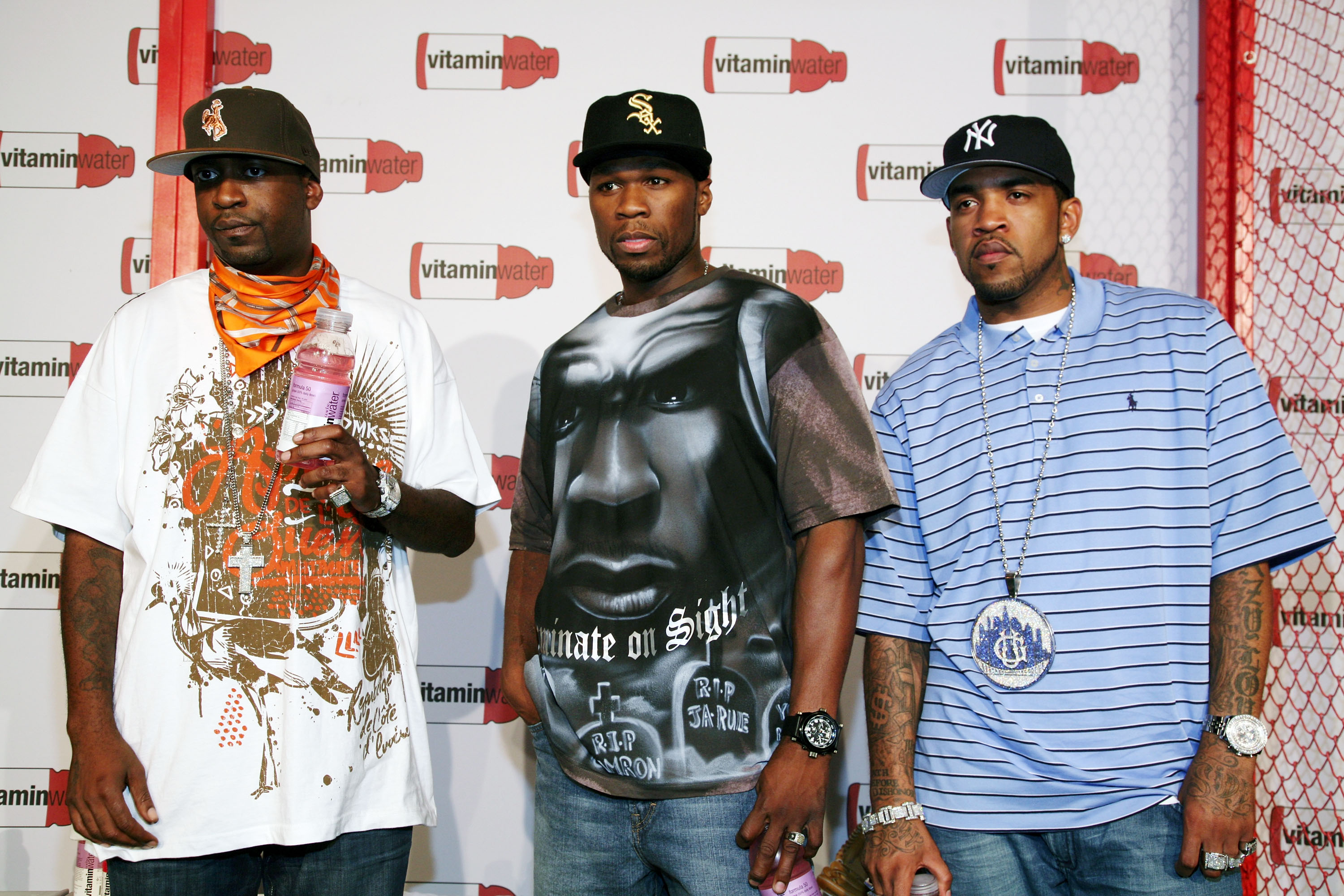 Rappers Tony Yayo, 50 Cent and Lloyd Banks attends Vitaminwater's MLB All-Star week celebration at Hudson Terrace on July 14, 2008 in New York City. (Getty)