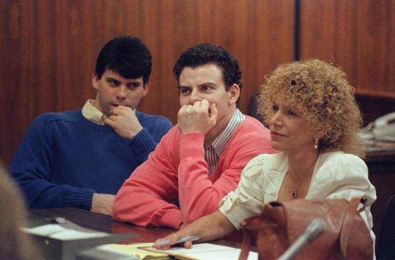 Erik Menendez (C) and his brother Lyle (L) are pictured, on August 12, 1991 in Beverly Hills. They are accused of killing their parents, Jose and Mary Louise Menendez of Beverly Hills, Calif. AFP PHOTO Mike NELSON (Photo credit should read MIKE NELSON/AFP/Getty Images)
