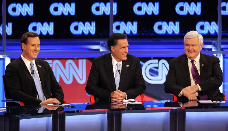 Republican presidential candidates (L-R) former U.S. Sen. Rick Santorum, former Massachusetts Gov. Mitt Romney and former Speaker of the House Newt Gingrich participate in a debate sponsored by CNN and the Republican Party of Arizona at the Mesa Arts Center February 22, 2012 in Mesa, Arizona. The debate is the last one scheduled before voters head to the polls in Michigan and Arizona's primaries on February 28 and Super Tuesday on March 6.  (Getty Images)